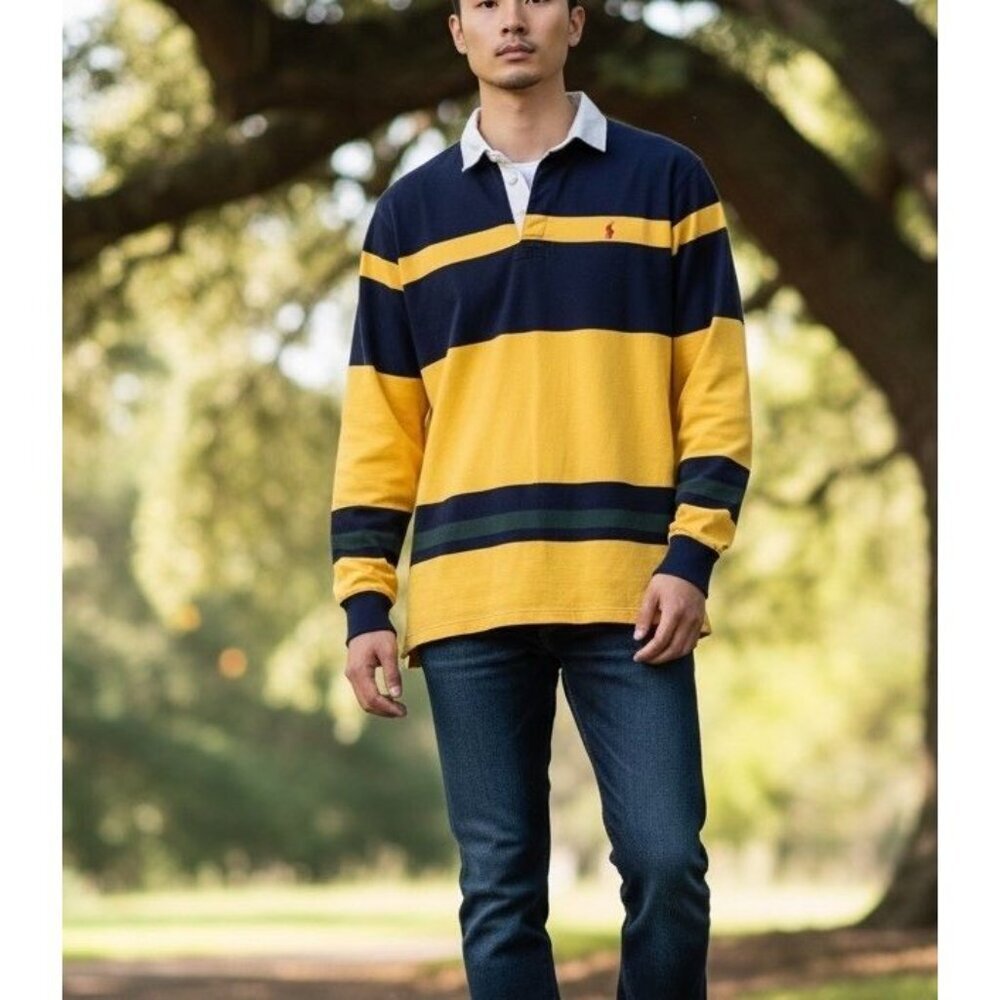 VTG Polo Ralph Lauren Rugby Shirt Mens L Navy Yellow Navy Striped Little Pony